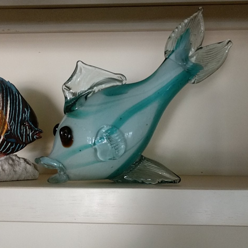 Unique Fish Sculpture 13" Hand Blown Glass Aqua Clear Blue Swimming Googly eyes